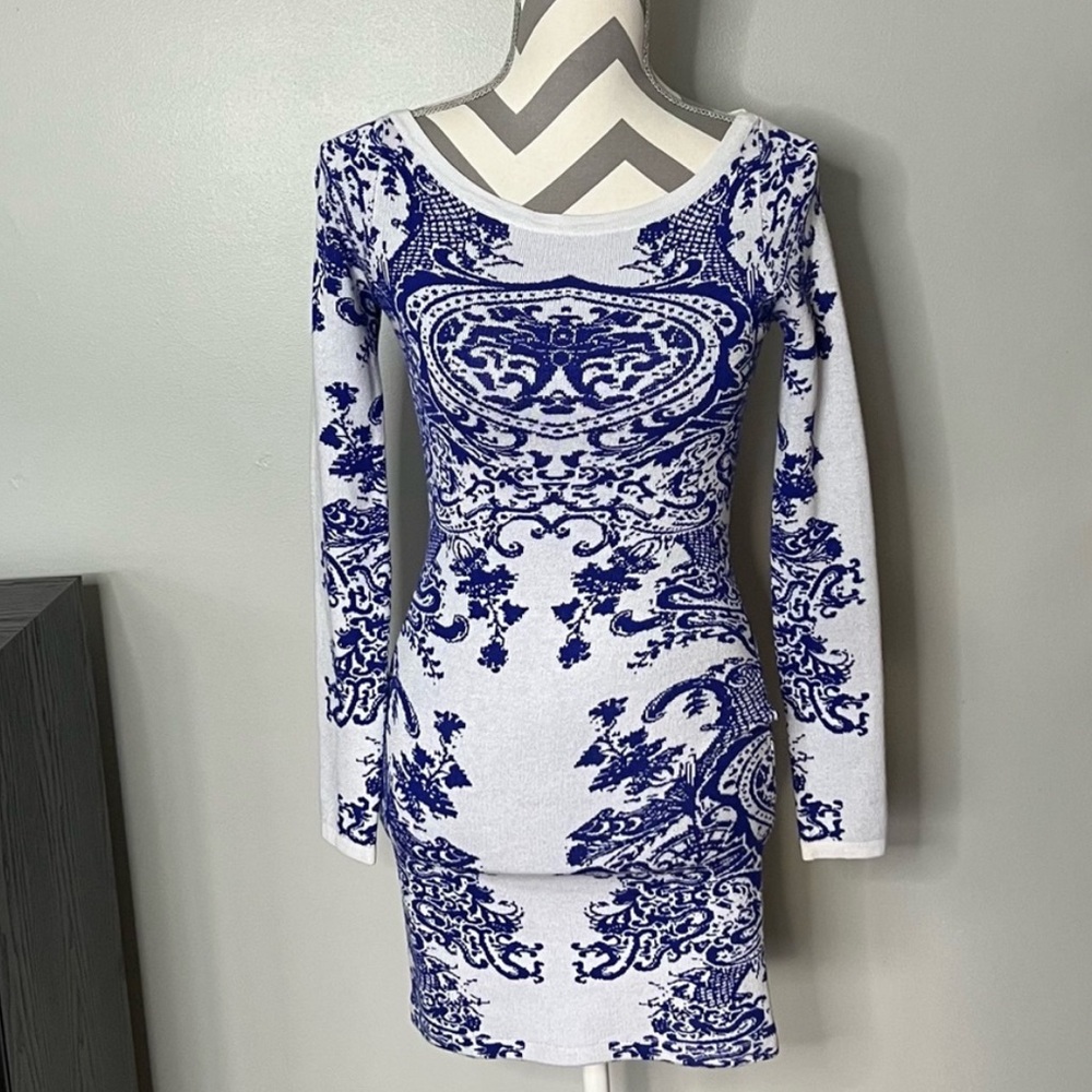 Wow Couture Long Sleeve Sweater Blue/white Dress